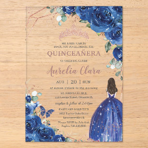 Quinceañera-Geburtstags-Royal-Blue-Blumenprinzessi Acryleinladungen