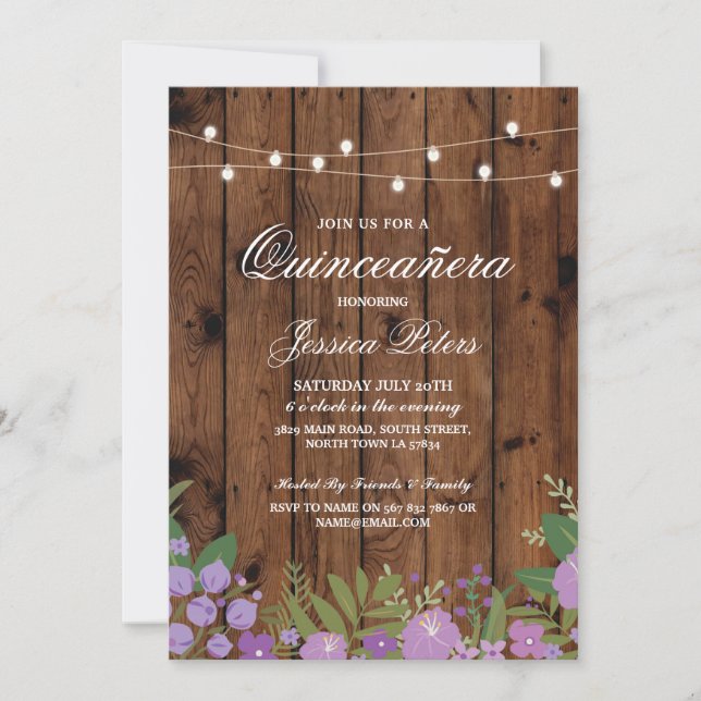Quinceanera Geburtstagsparty Blumenholz Einladung  (Vorderseite)