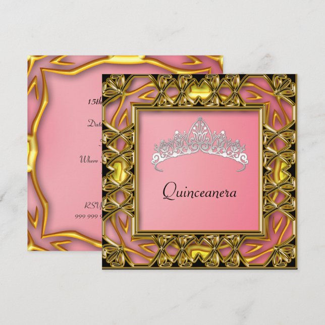 Quinceanera Geburtstagsparty Gold und Lachs Einladung (Vorne/Hinten)