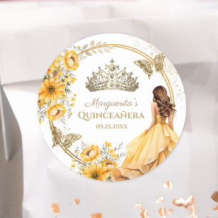 Quinceañera Gelbe Blumen Gold-Tiara Schmetterling Runder Aufkleber