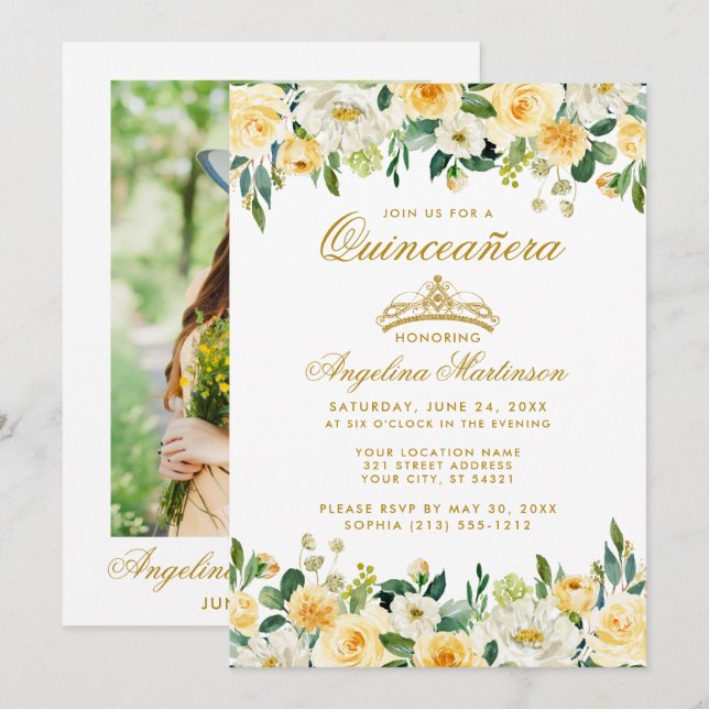 Quinceanera Gelbes Foto Einladung (Vorne/Hinten)