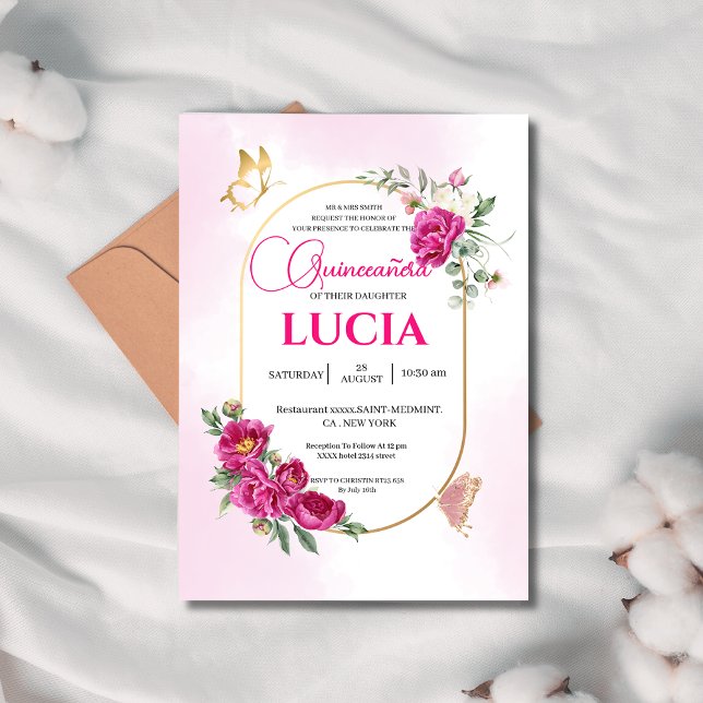 Quinceañera Geometric Pink Fuchsia Floral Gold Einladung (Von Creator hochgeladen)