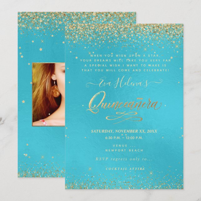 Quinceañera, geschrieben im Stern, DIY Aqua Blue Einladung (Vorne/Hinten)
