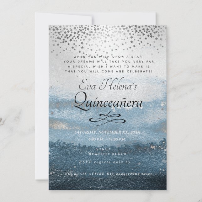 Quinceañera , geschrieben in den Sternen, Silver S Einladung (Vorderseite)