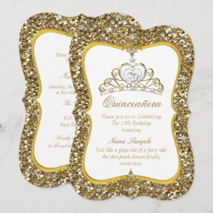 Quinceanera Glitter Gold Weiße Perlen Tiara Einlad Einladung