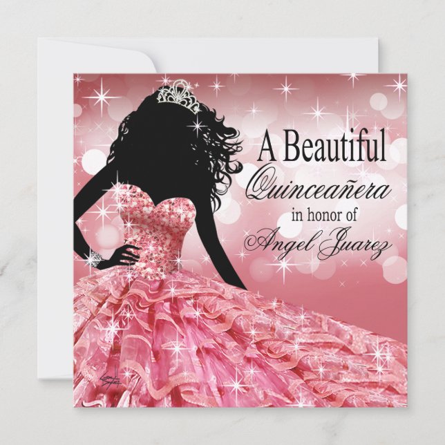 Quinceanera Glitzer Ball Gown | rosane Einladung (Vorderseite)