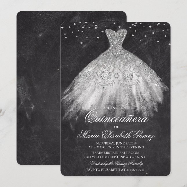 Quinceanera Glitzer Dress Diamond Chalk Einladung (Vorne/Hinten)