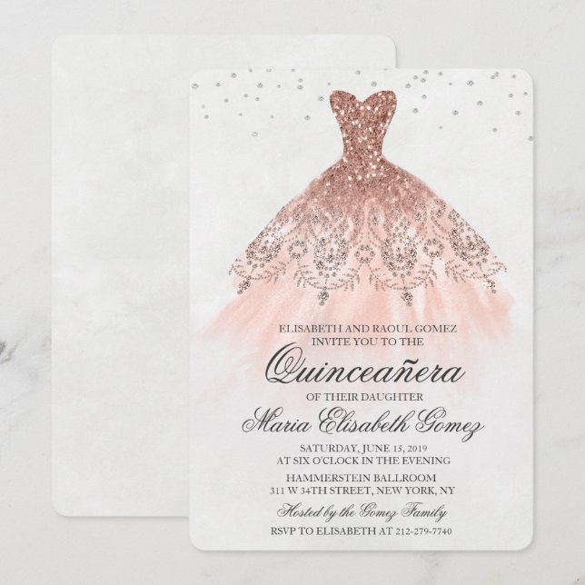 Quinceanera Glitzer Dress Diamond Einladung (Vorne/Hinten)