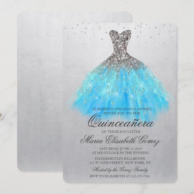 Quinceanera Glitzer Dress Diamond Einladung (Vorne/Hinten)