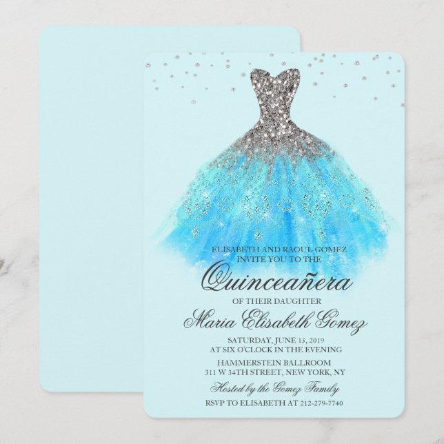 Quinceanera Glitzer Dress Diamond Einladung (Vorne/Hinten)