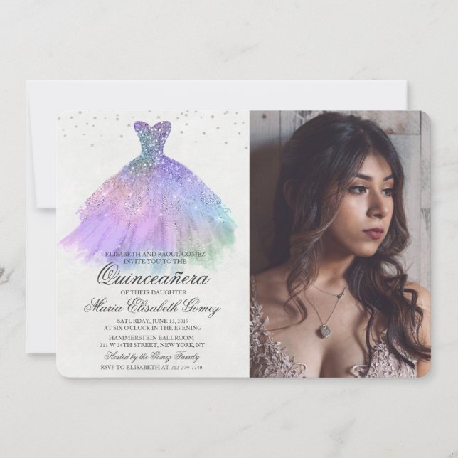 Quinceanera Glitzer Dress Diamond Foto Einladung (Vorderseite)