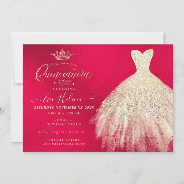 Quinceañera , Glitzer Gourmet, Imitate Gold+Rot Einladung (Vorderseite)