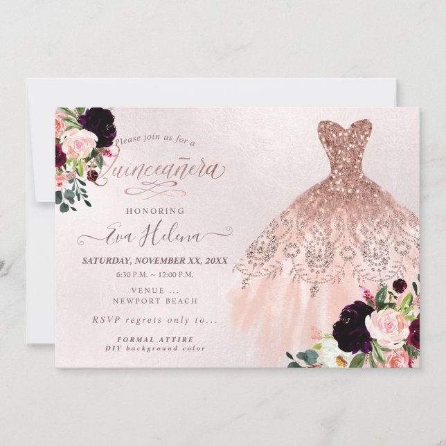 Quinceañera , Glitzer Gown, Burgund Blush Einladung (Vorderseite)