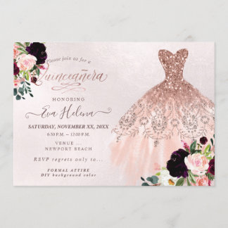 Quinceañera , Glitzer Gown, Burgund Blush Einladung