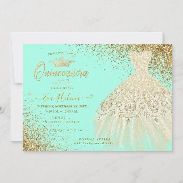 Quinceañera , Glitzer Gown, Imitate Gold+Minte Einladung (Vorderseite)
