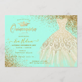Quinceañera , Glitzer Gown, Imitate Gold+Minte Einladung