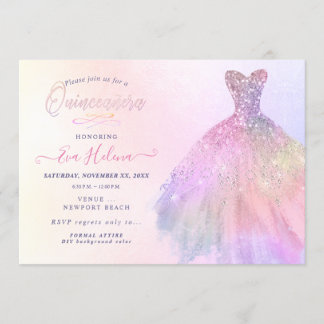 Quinceañera , Glitzer Gown, pastelfarbene Baumwoll Einladung