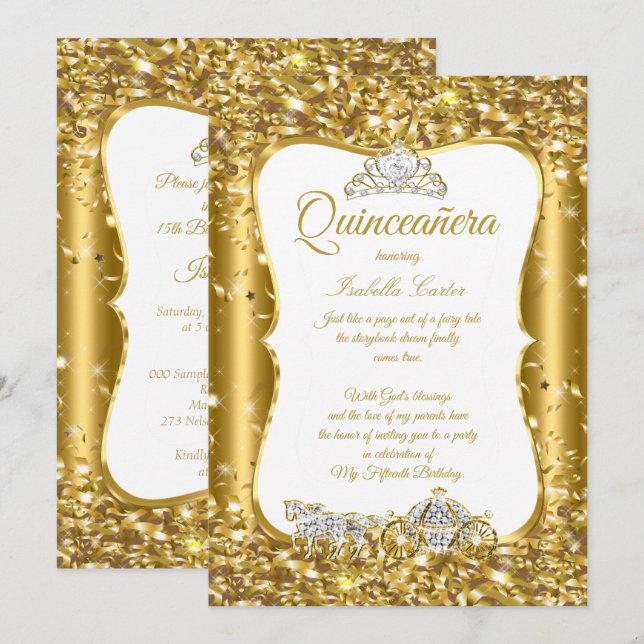 Quinceanera Glitzer Märchengladengartiges Gold Car Einladung (Vorne/Hinten)