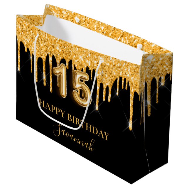 Quinceanera Glitzer Tropfen Große Geschenktüte (Vorderseite Schrägansicht)