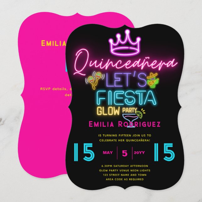 QUINCEAÑERA Glow Party Invitación Fiesta de Neón Einladung (Vorne/Hinten)