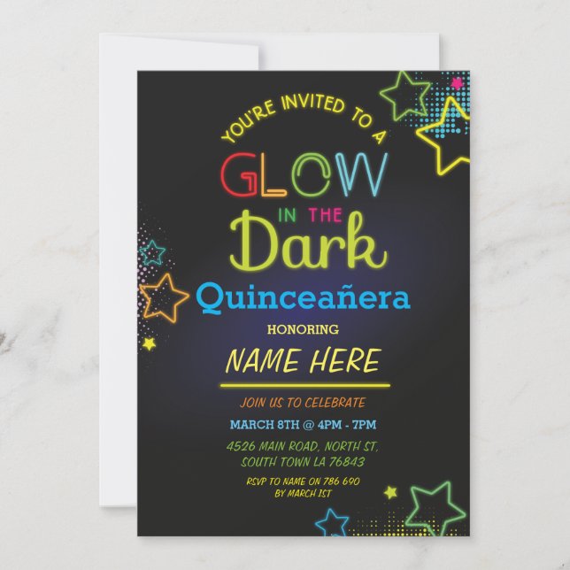 Quinceanera-Glühen im dunklen Neon-Party zum Gebur Einladung (Vorderseite)