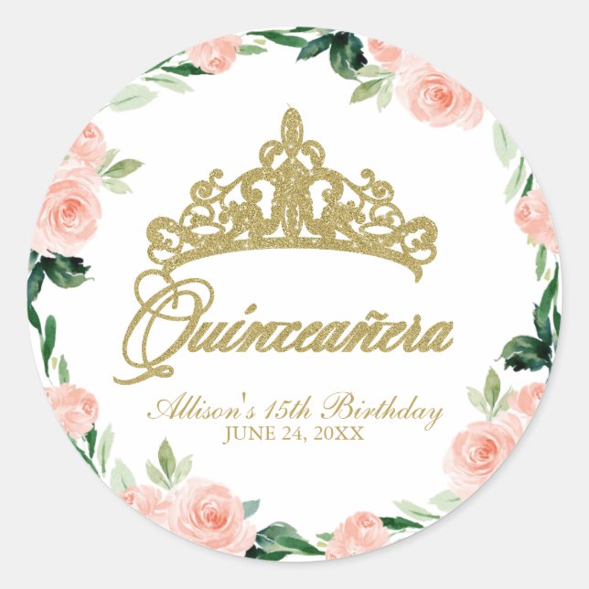 Quinceanera God Tiara Blush Pink Floral Runder Aufkleber (Vorderseite)