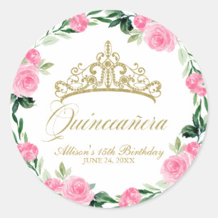 Quinceanera God Tiara Hot Pink Floral Runder Aufkleber