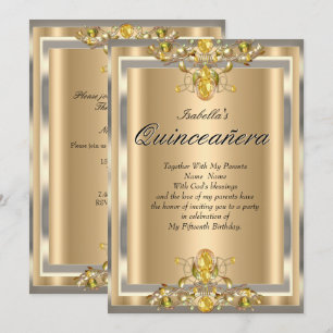 Quinceanera Gold Beige Gelbe Edelsteine 15 Geburts Einladung