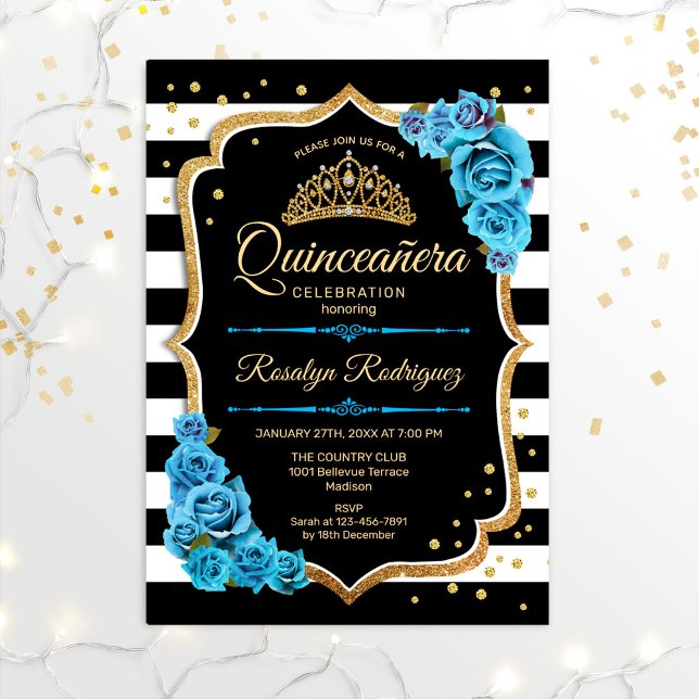 Quinceanera - Gold Black Blue Einladung (Von Creator hochgeladen)