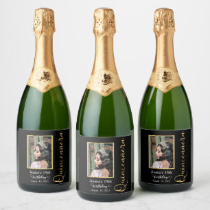 Quinceanera Gold Black Foto Sparkling Wine Label