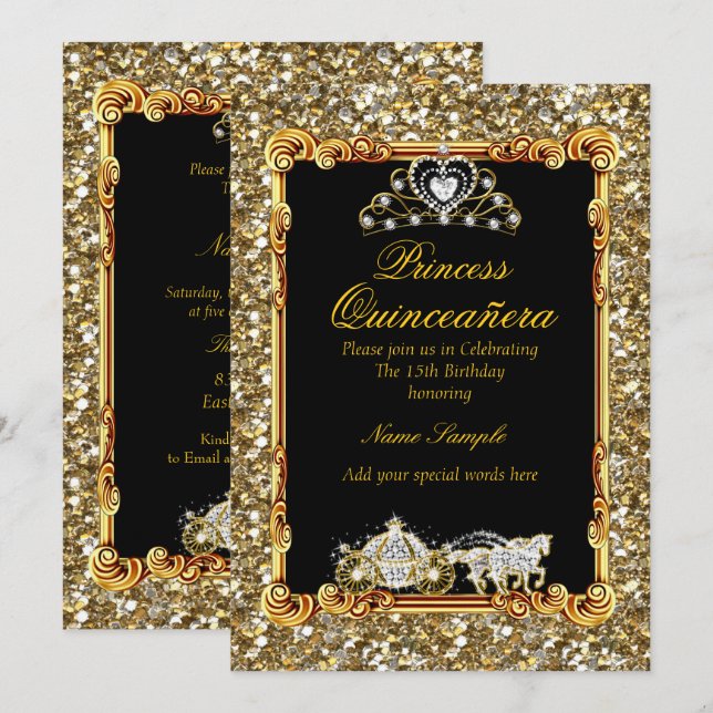 Quinceanera Gold Black Horriage Mairytale Einladung (Vorne/Hinten)