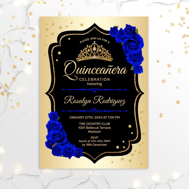 Quinceanera - Gold Black Royal Blue Einladung (Von Creator hochgeladen)
