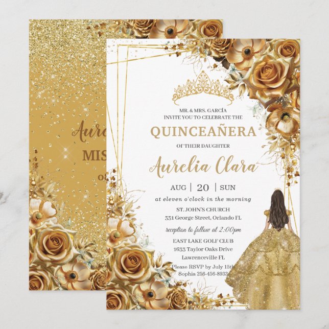 Quinceañera Gold Blume Blumendruckkleid Einladung (Vorne/Hinten)