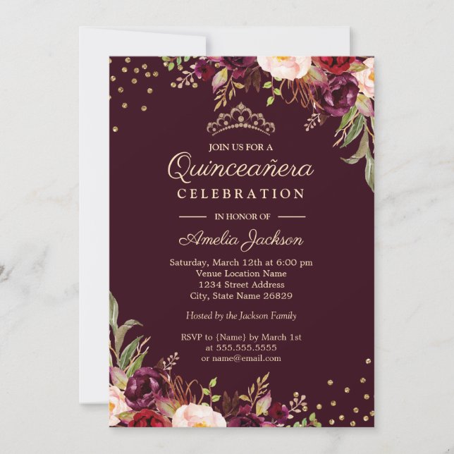 Quinceanera Gold Burgund Einladung (Vorderseite)