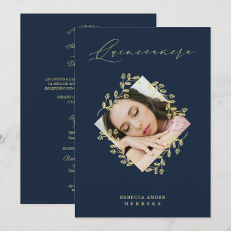 Quinceañera Gold Diamond Wildflower Navy Photo Einladung