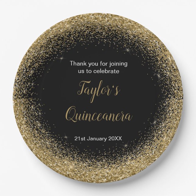 Quinceanera Gold Dress Imitate Glitzer Pappteller (Vorderseite)