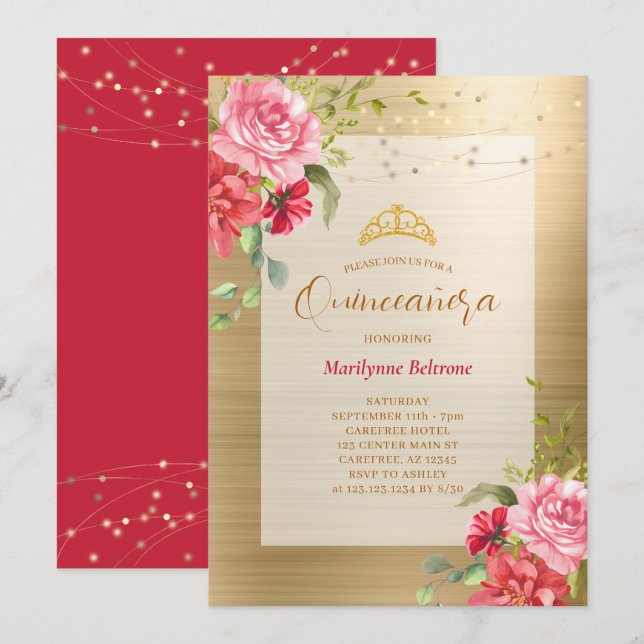 Quinceañera Gold Floral Crown Invitation (Devant / Derrière)
