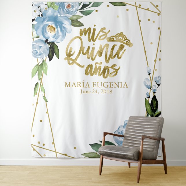 Quinceanera Gold Foil Dusty Blue Floral Hintergrun Wandteppich (Beispiel)