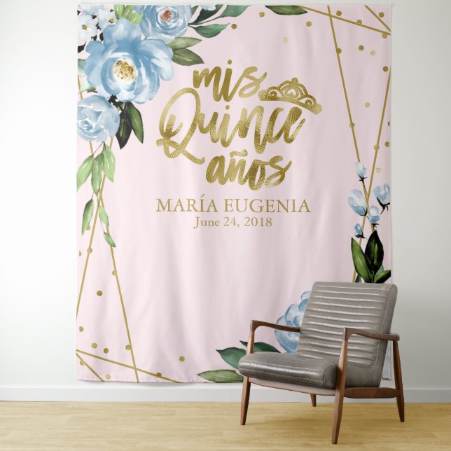 Quinceanera Gold Foil Pink Blauer Hintergrund Wandteppich (Beispiel)