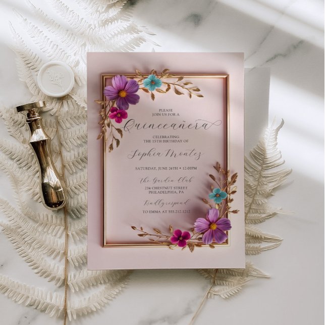 Quinceañera Gold Frame Floral 15. Geburtstag Einladung (Von Creator hochgeladen)