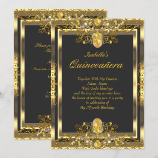 Quinceanera Gold Gems Black 15. Geburtstag Einladung