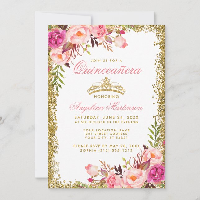 Quinceanera Gold Glitzer Crown Pink Floral Einladung (Vorderseite)