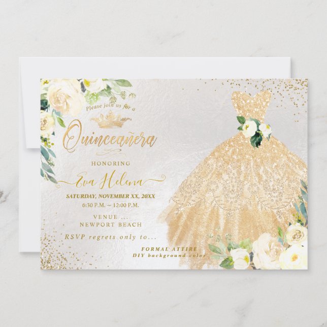 Quinceañera, Gold Glitzer Gosscreme-Rose Einladung (Vorderseite)