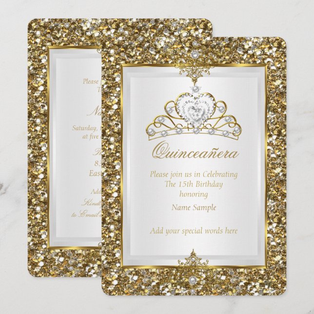 Quinceanera Gold Glitzer White Pearl Tiara 2 Einladung (Vorne/Hinten)
