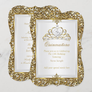 Quinceanera Gold Glitzer White Pearl Tiara 2 Einladung