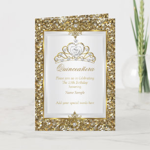 Quinceanera Gold Glitzer White Pearl Tiara Foto Einladung