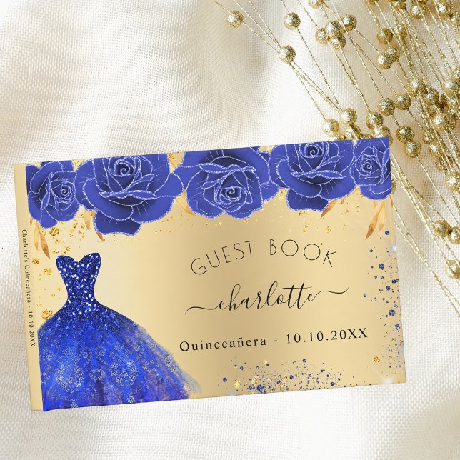 Quinceanera Gold königsblauen Kleid Blume Glitzer Gästebuch (Von Creator hochgeladen)