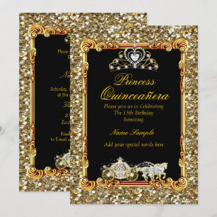 Quinceanera Gold Schwarz Pferdekutsche Märchenhaft Einladung