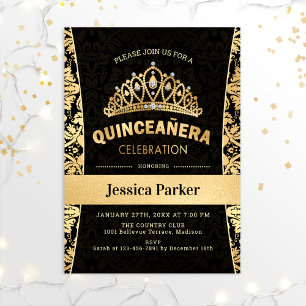 Quinceanera Gold Schwarzes Elegant Einladung