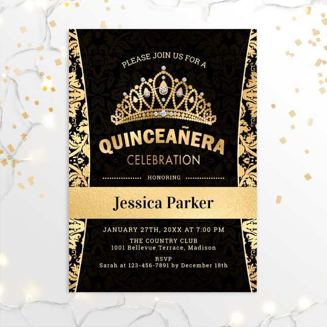 Quinceanera Gold Schwarzes Elegant Einladung (Von Creator hochgeladen)
